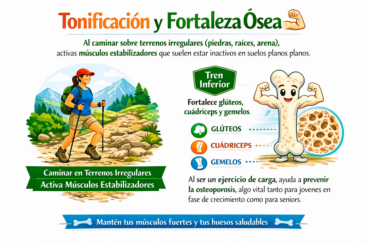 Fortaleza de los huesos y músculos practicando senderismo.