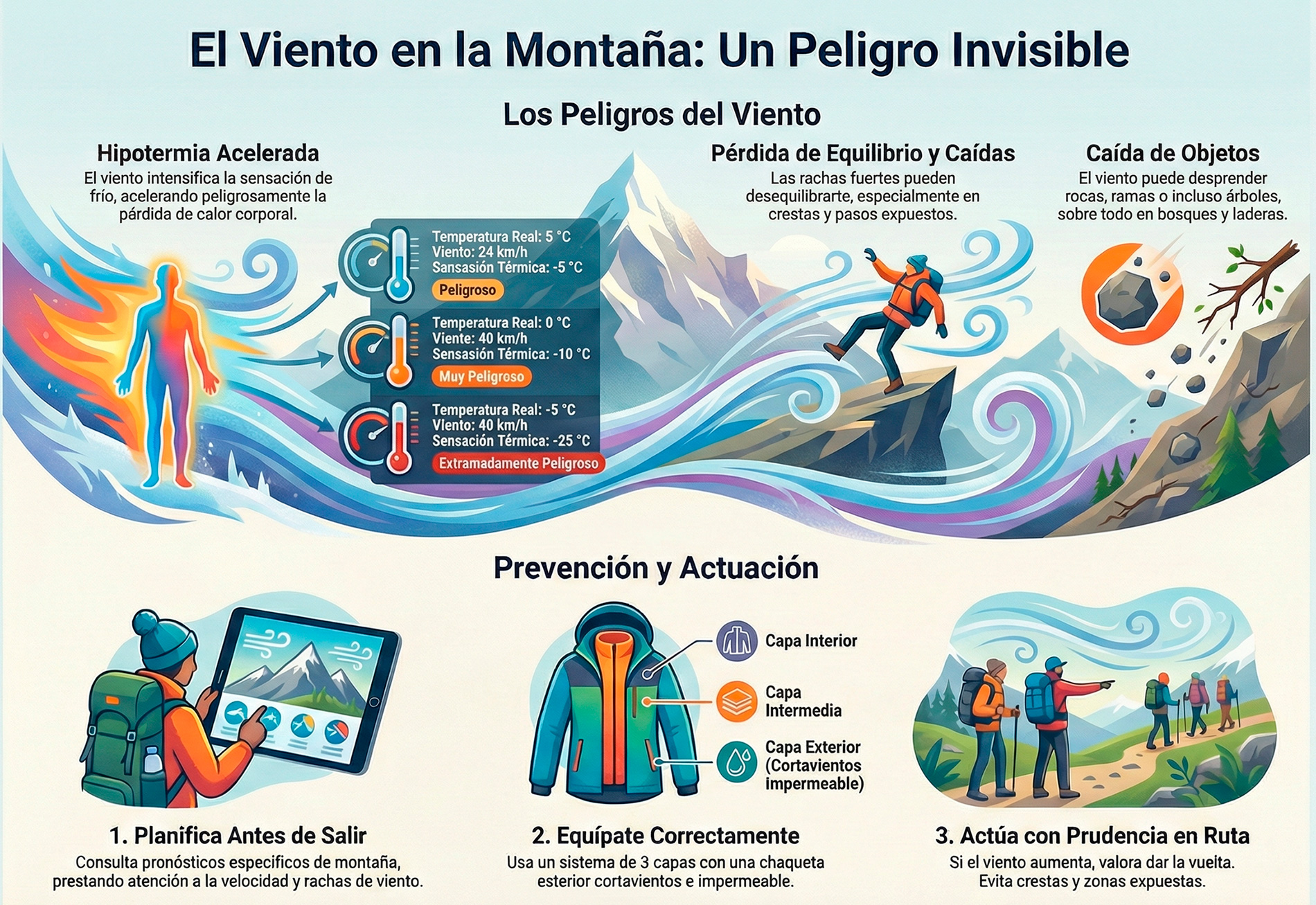 Como actuar ante rachas de vientos fuertes en rutas de senderismo