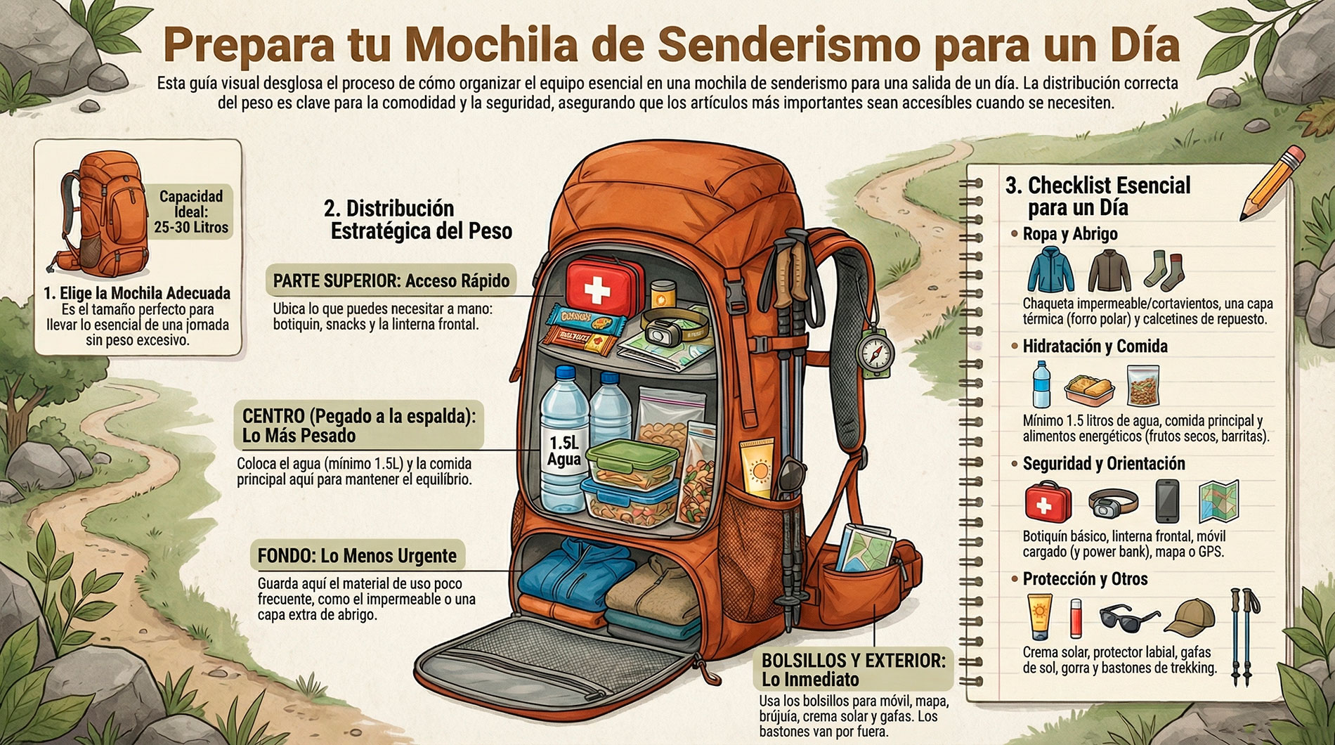 Que llevar en la mochila de senderismo para un dia