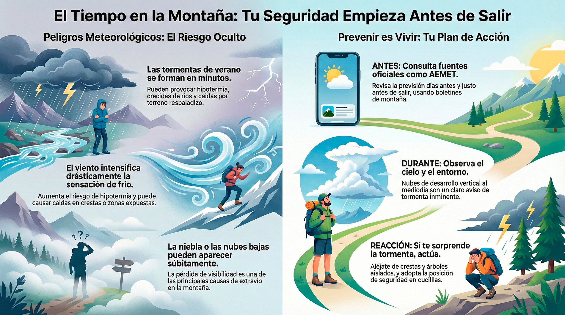 Seguridad en la montaña, como actuar en tormentas, con niebla, viento y calor excesivo.