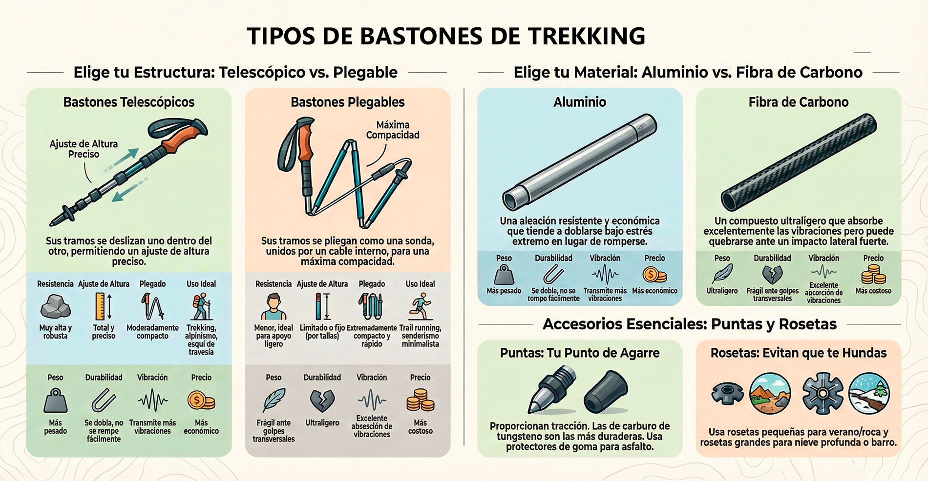 Diferentes tipos de bastones de senderismo, aluminio o carbono